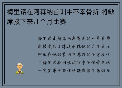 梅里诺在阿森纳首训中不幸骨折 将缺席接下来几个月比赛